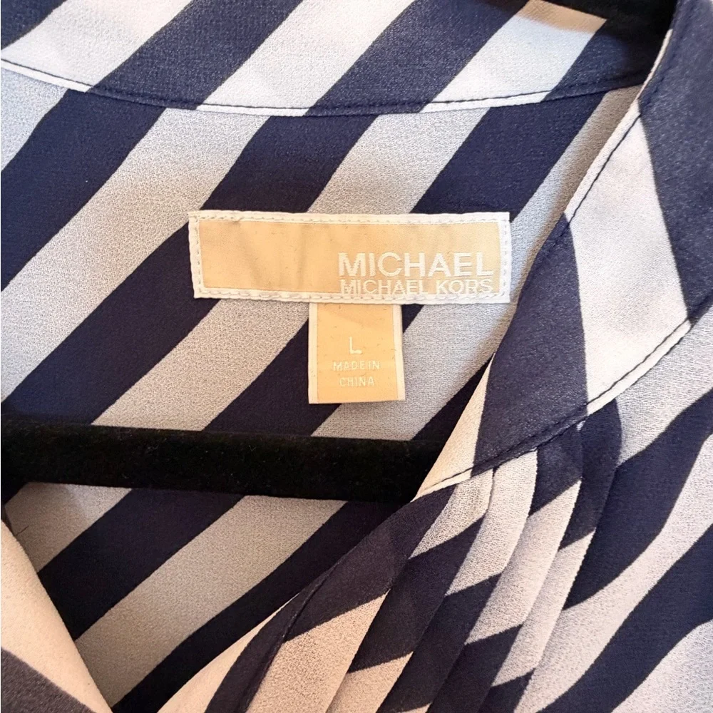 Michael Kors Navy and White Diagonal Striped Long Sleeve Midi Dress